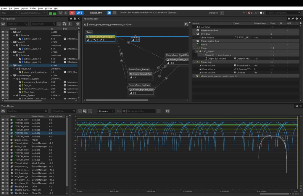 Voice inspector showing the chain of each sound event in the level