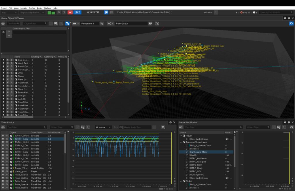 Game Object 3D viewer of the sound objects in the level and also the reverb zones we created in the level.